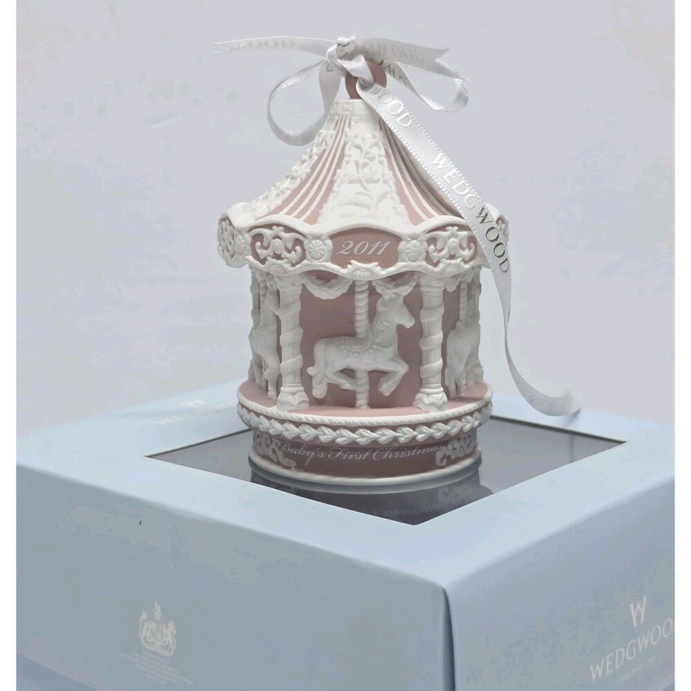 Wedgwood Baby's First Christmas Carousel 2011 Pink Ornament In Box